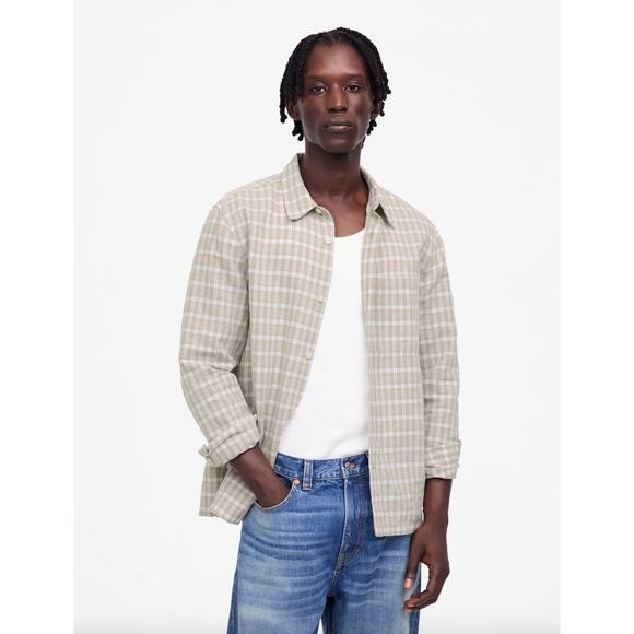 Madewell Button Up Shirt Cotton Linen Blend Saffron Plaid Beige XXL Mens NWT
